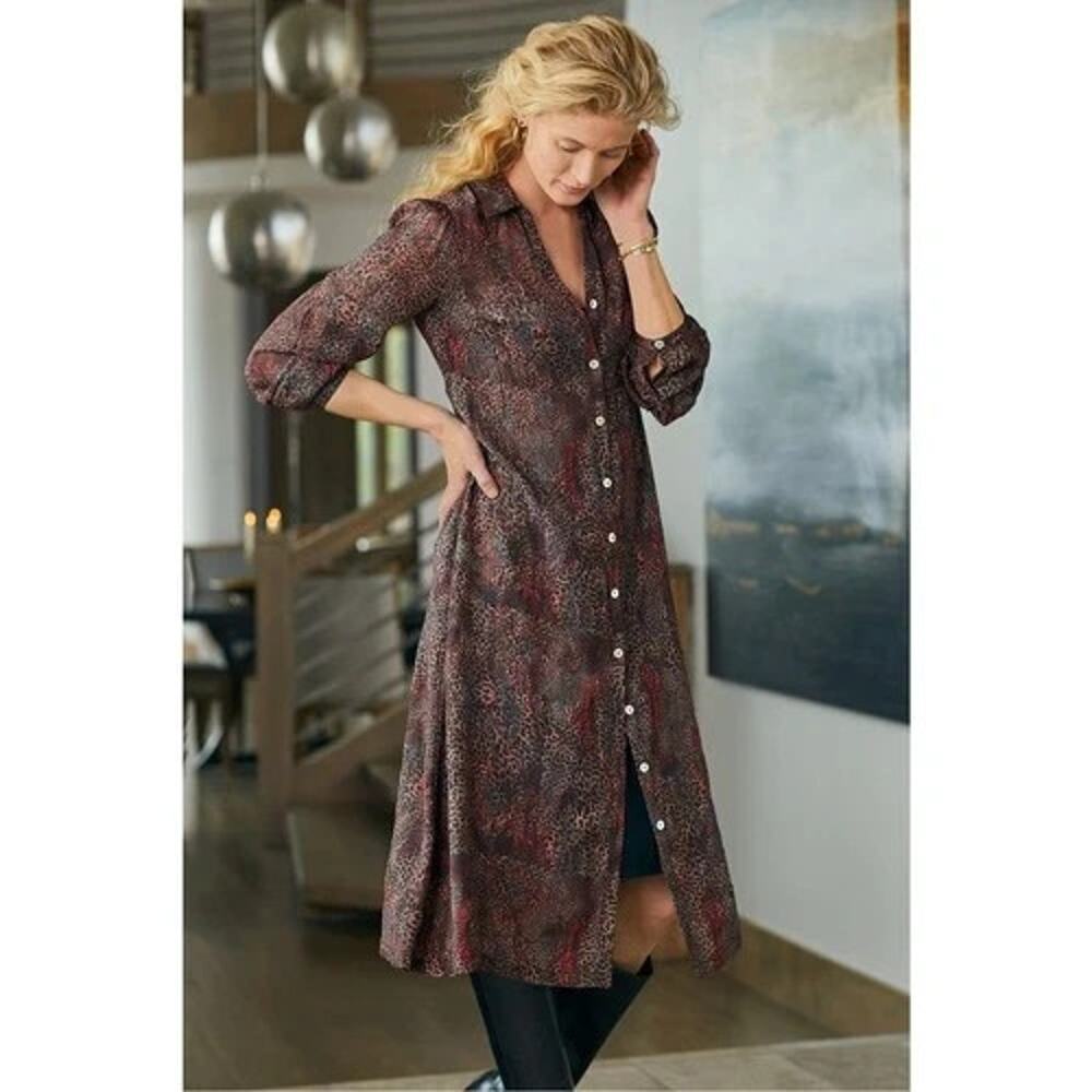 Soft Surroundings Leopard Print Shirt Dress Size M Semi Sheer Boho Lawton Fall